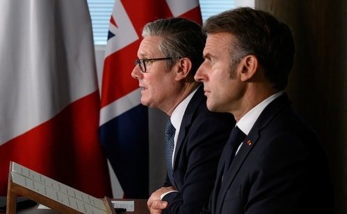 British Prime Minister Keir Starmer and French President Emmanuel Macron host a meeting of the Coalition of the Willing during a joint military visit to the Northwood Headquarters, on July 10, 2025 in London.