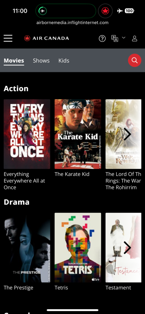 A screenshot of content available to Air Canada A320 passengers.