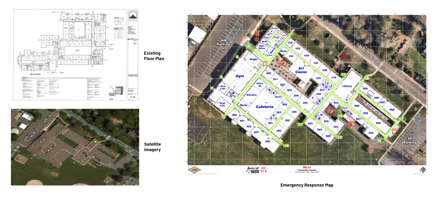 Before and after photos of school maps, created by Critical Response Group
